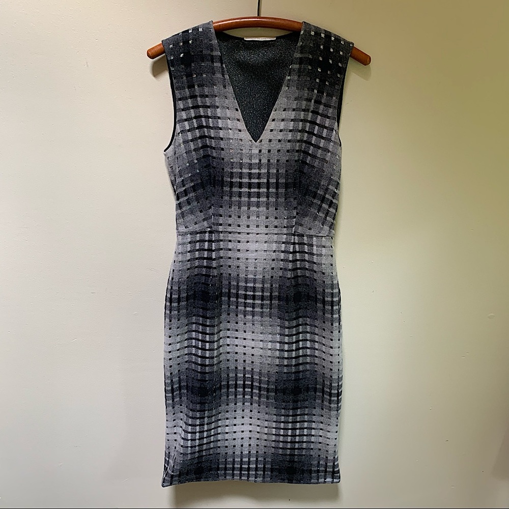 Marco de Vincenzo -- Gray Plaid Virgin Wool Over Metallic Lined Sheath Dress